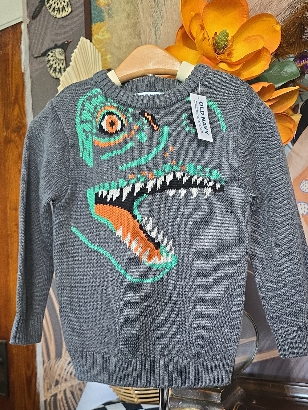 Old Navy Kids' Gray Dino Crewneck Sweater with Teal & Orange Accent